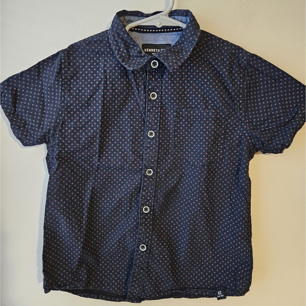 Kenneth Cole Boys Button‎ Up Shirt Size 6 Navy Micro Print Short Sleeve Cotton
